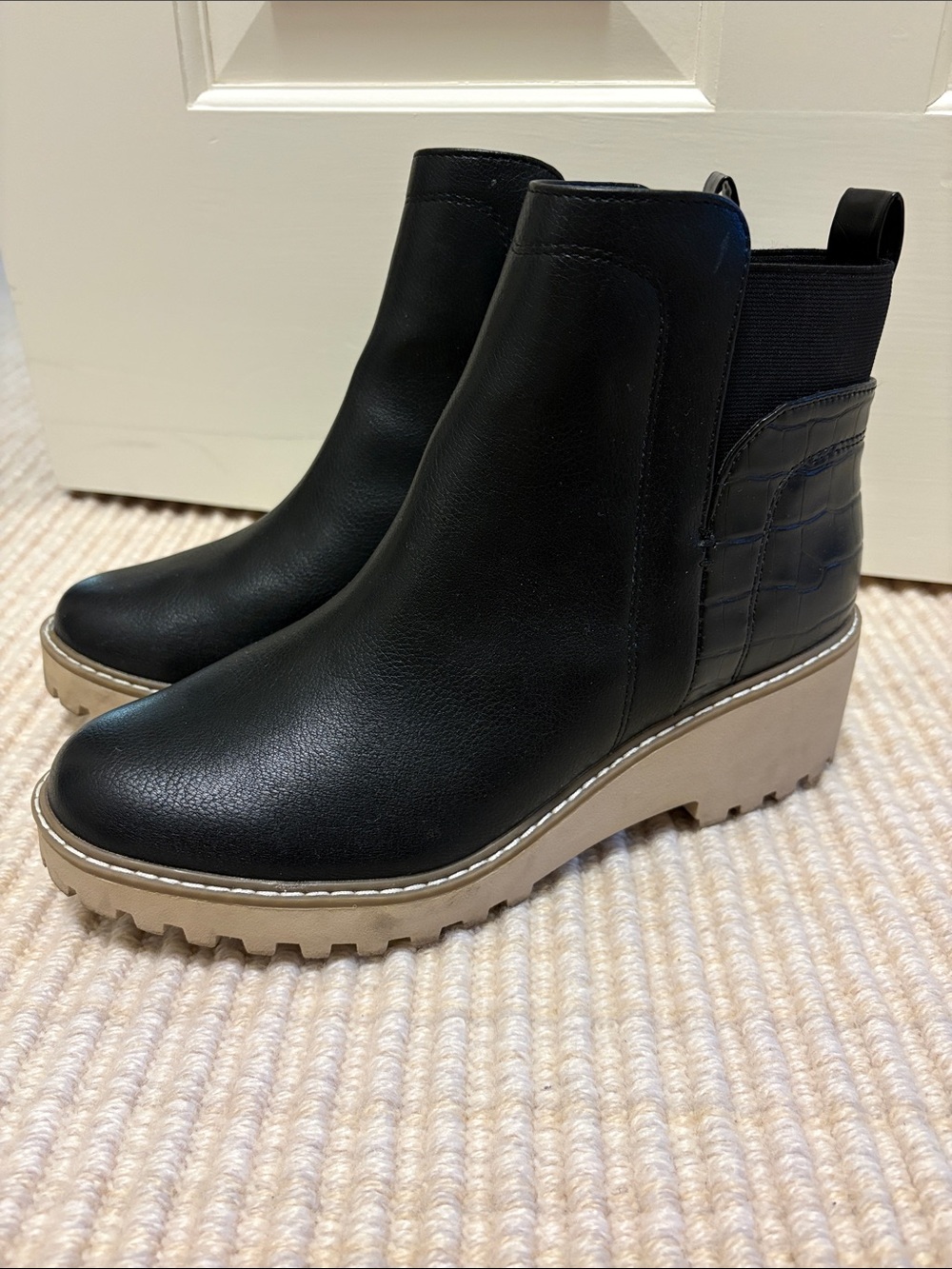 Dolce Vita Black Leather Wedge Chelsea Booties with Tan Lug Sole